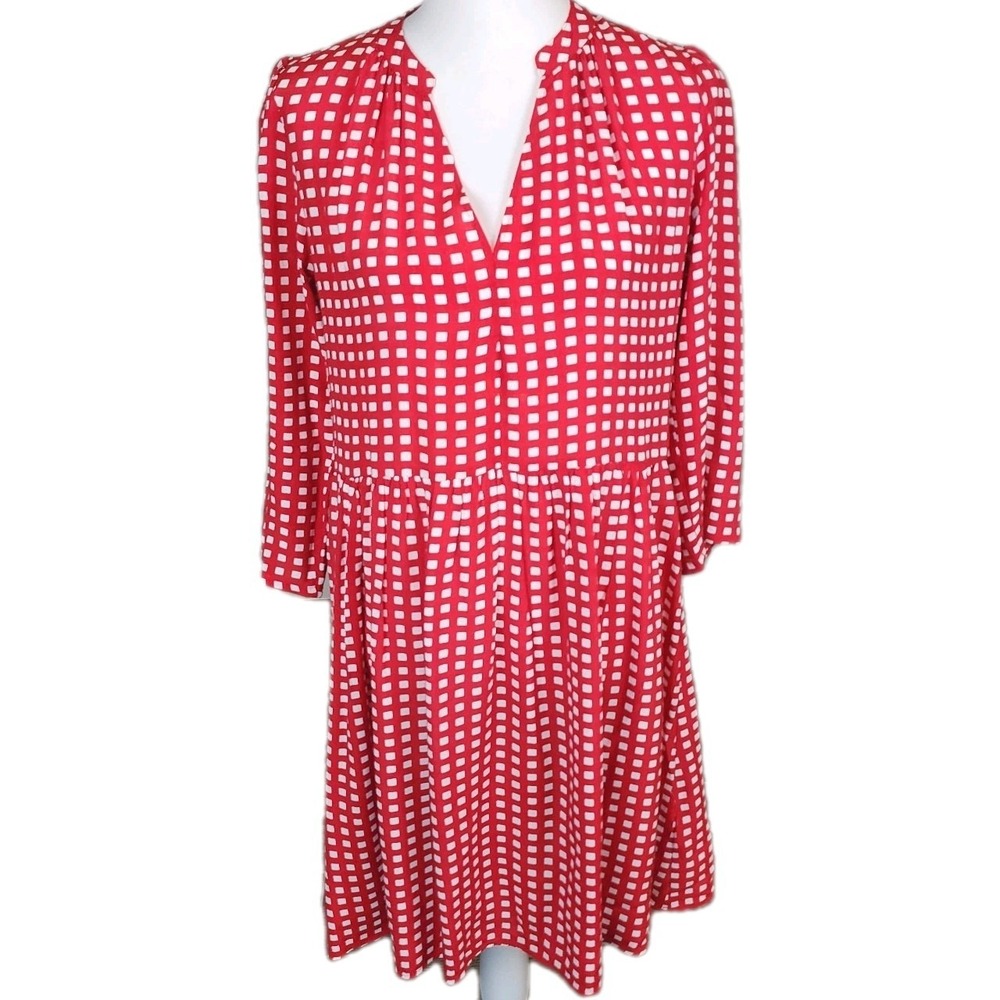 Maeve Anthropologie Red White Grid Print Empire Waist V-Neck Dress Womens Small